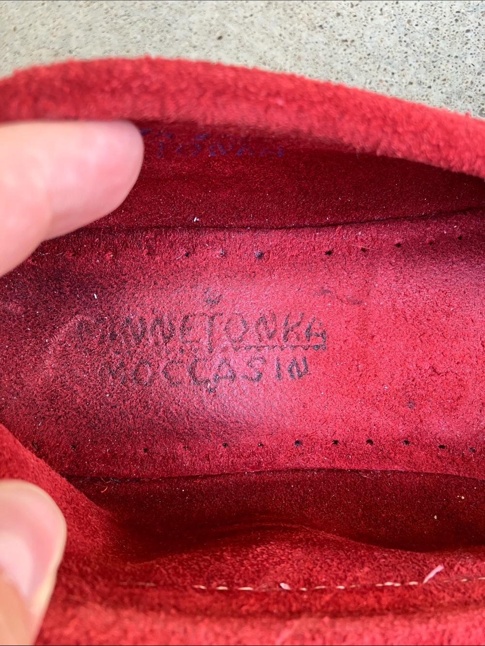 Minnetonka Red Suede Leather Moccasins, 9.5 - Picture 2 of 6